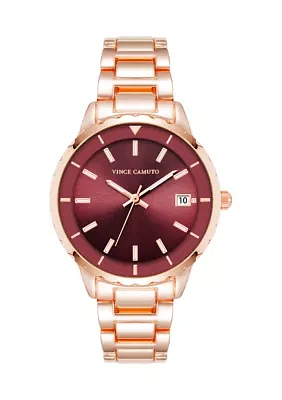 Quartz Burgundy and Rose Gold-Tone Metal Alloy Watch