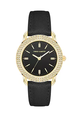 Quartz Round Black Saffiano PU Leather Crystal Accented Watch