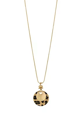 Gold Tone Long Layered Leopard Print and Metal Disc Pendant Necklace
