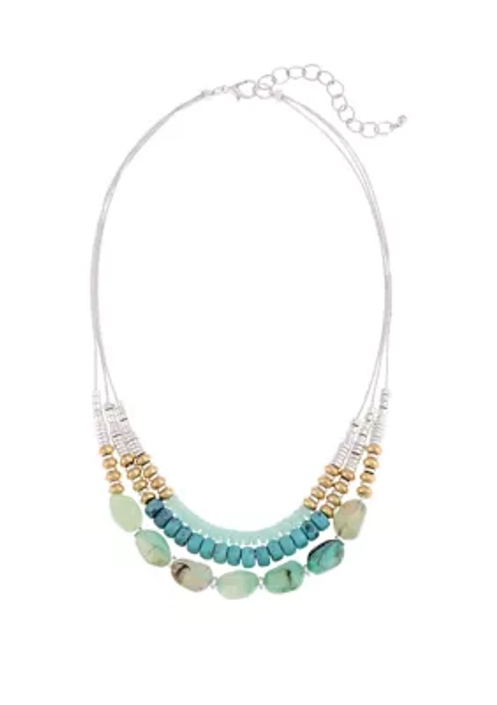 Two Tone 18'' + 3'' Extender Short Triple Row Multi Beaded Frontal Necklace