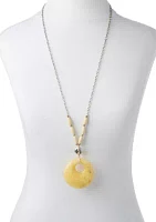 Silver Tone Long  Yellow Stone Donut Pendant Necklace