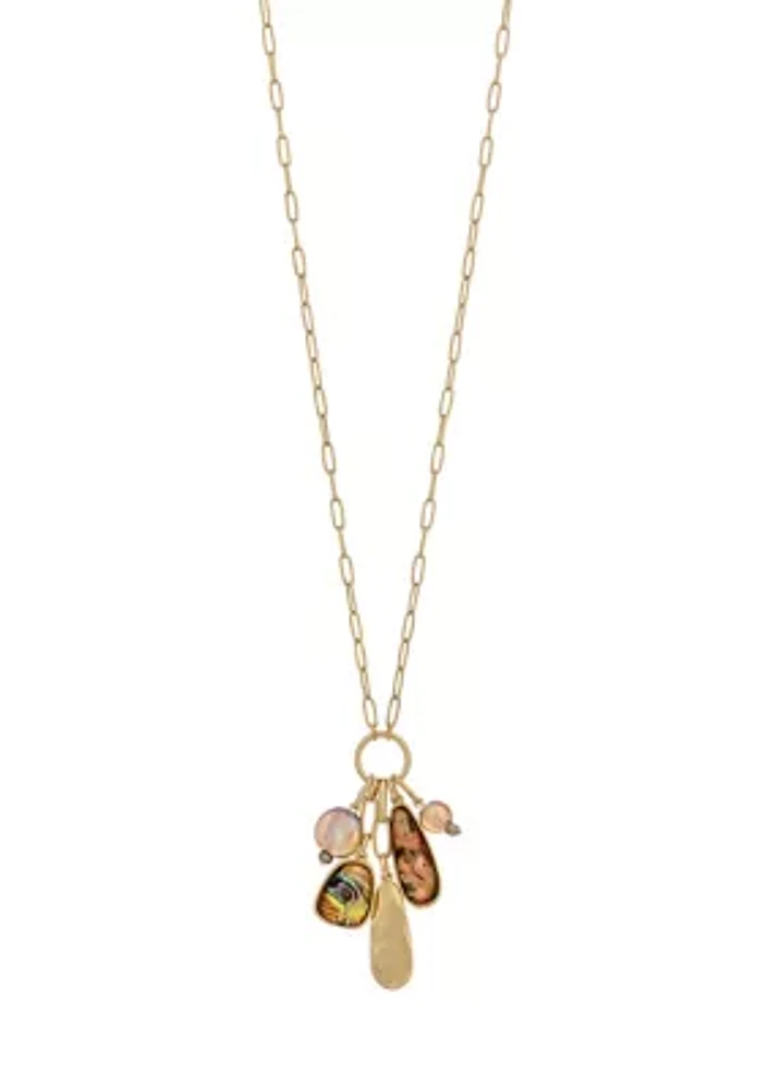 Gold-Tone, 28.5'' + 3 '' Extender Chain Necklace with Multi Stone, Bead and Disc Pendant Drops on Open Ring