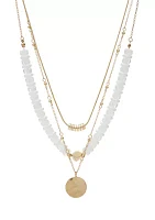 Gold-Tone 3 Row Layered with White Beads and Hammered Disc Drop Necklace