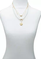 Gold-Tone 3 Row Layered with White Beads and Hammered Disc Drop Necklace