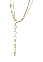 Gold-Tone 3 Row Layered with White Beads and Hammered Disc Drop Necklace