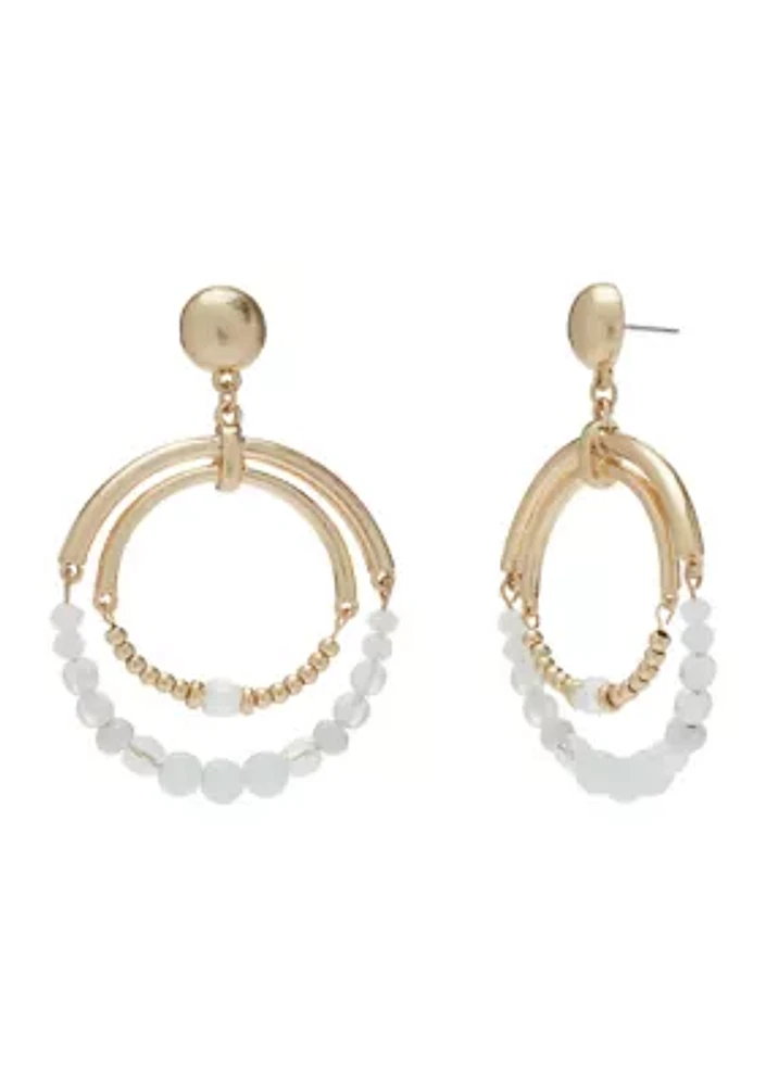 Gold-Tone With Double Rings and White Bead Accents Post Earrings