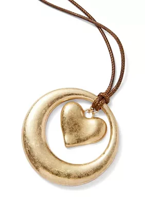 Gold Tone Brown Cord Long Orbital Heart Pendant Necklace