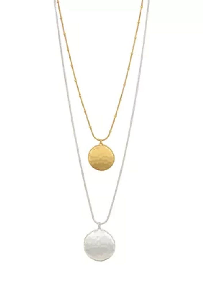 Two Tone Layered Round Hammered Double Disc Drop Pendant Necklace