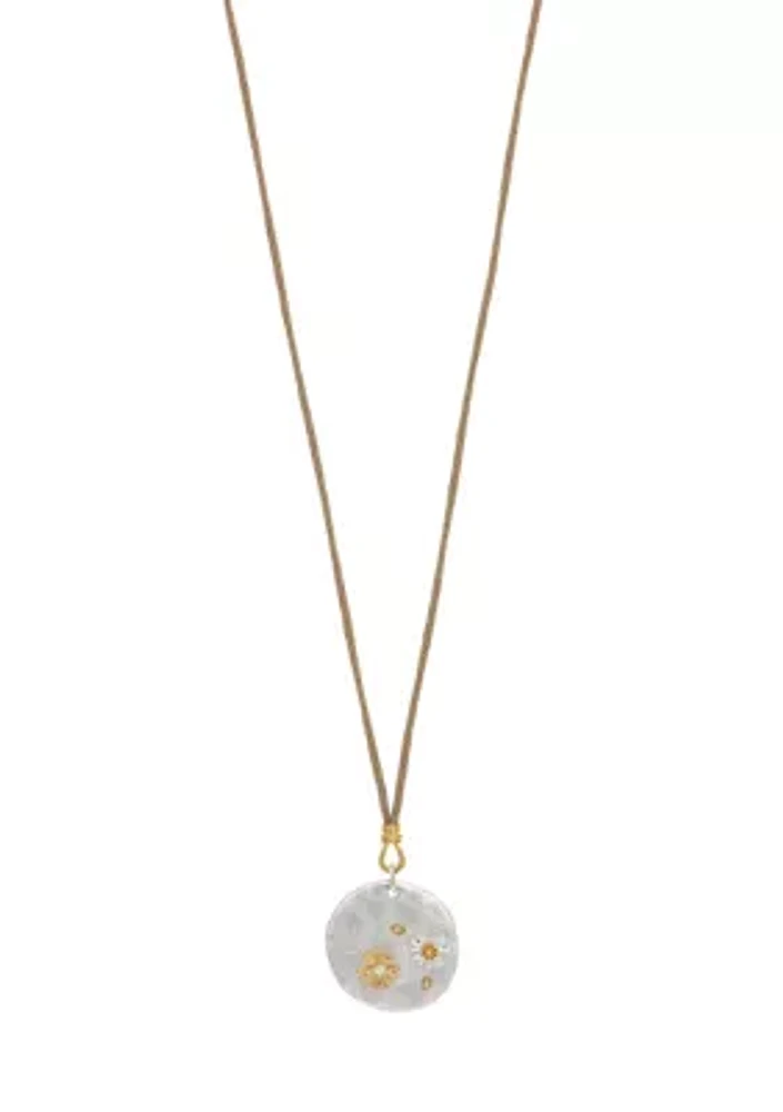 Two-Tone Long Beige Cord Round Pendant Disc with Etched Metal Flower Accents Necklace