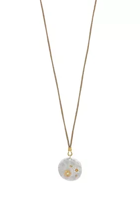 Two-Tone Long Beige Cord Round Pendant Disc with Etched Metal  Flower Accents Necklace