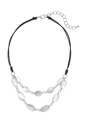 Silver-Tone Short 2 Row Linked Organic Teardrops On Black Cord Necklace