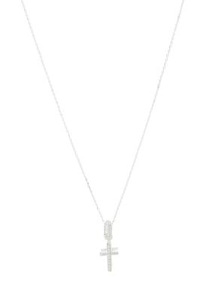 Silver Tone Cubic Zirconia Pavé Double Cross Charm Pendant Necklace