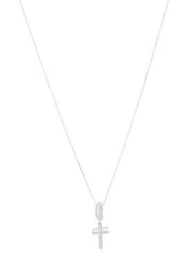 Silver Tone Cubic Zirconia Pavé Double Cross Charm Pendant Necklace