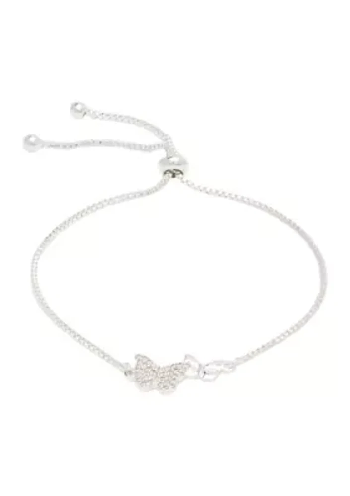 Silver Tone Cubic Zirconia Pavé Double Butterfly Adjustable Bracelet