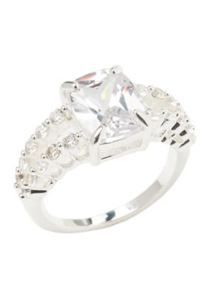 Silver Tone Cubic Zirconia Emerald Cut Open Row Band Ring
