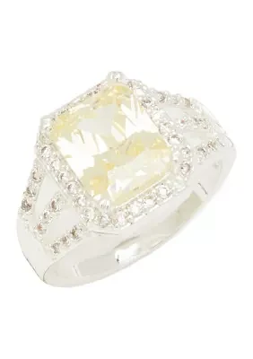 Silver Tone Jonquil Emerald Stone Halo Pavé Band Ring