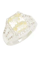 Silver Tone Jonquil Emerald Stone Halo Pavé Band Ring
