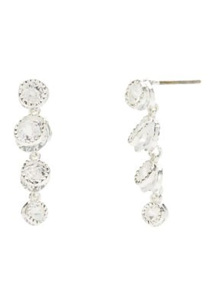 Silver Tone Cubic Zirconia Round Bezel Graduated Drop Earrings