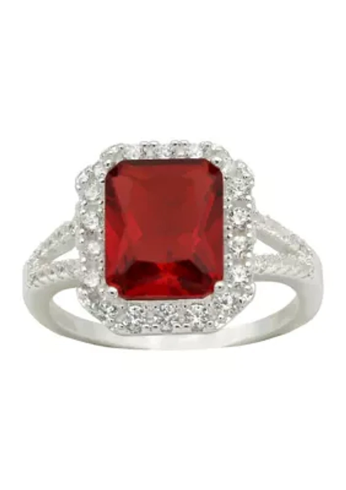 Silver Tone Siam Stone Halo Open Band Ring