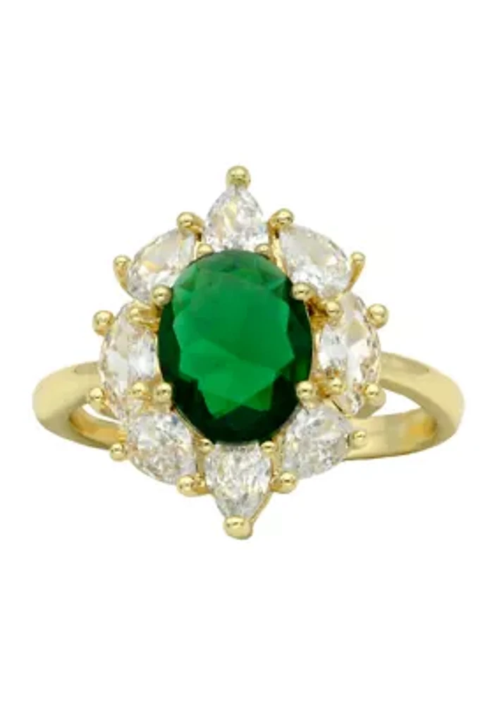 Gold Tone Emerald Oval Stone Cluster Band Ring