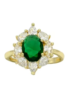Gold Tone Emerald Oval Stone Cluster Band Ring