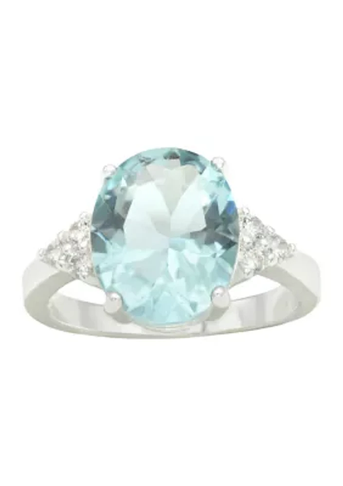 Silver Tone Round Aqua Crystal and Cubic Zirconia Ring