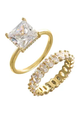 Gold Tone Princess Cut Cubic Zirconia Ring and Oval Band Set