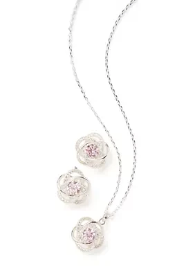 Silver Tone Cubic Zirconia and Crystal Love Knot Necklace and Earrings Set
