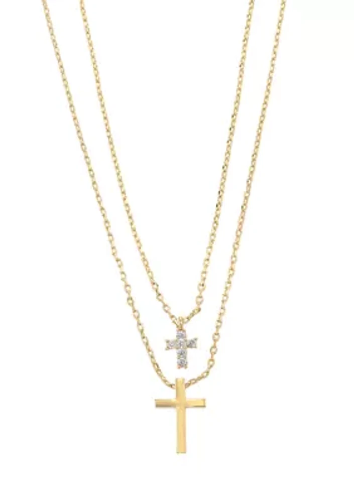 Gold Tone Cubic Zirconia and Cross Pendant Duo Necklace Set