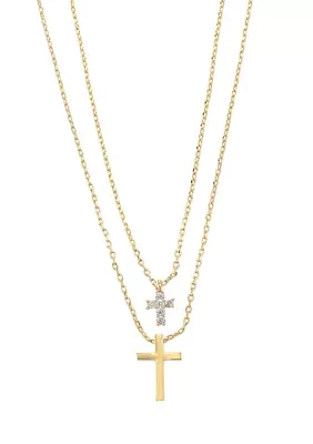 Gold Tone Cubic Zirconia and Cross Pendant Duo Necklace Set 