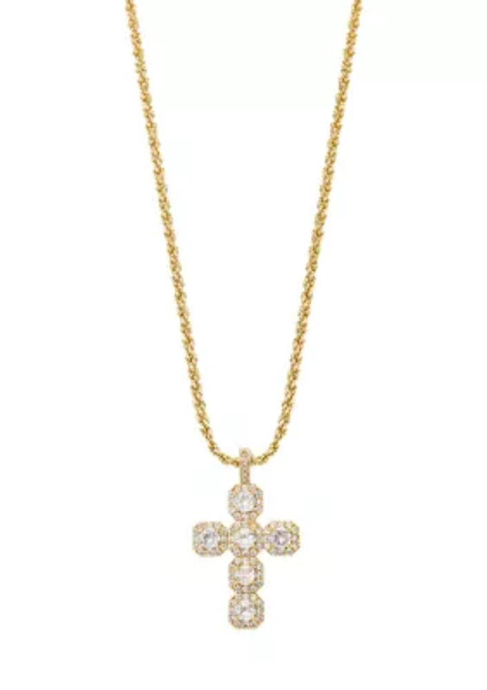 Lab Created Gold Tone Cross Pendant with Round CZ stones Necklace
