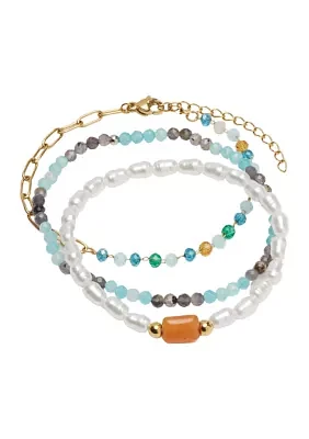 Gold Tone Genuine Beaded Pearl Chain Bracelet Trio Set