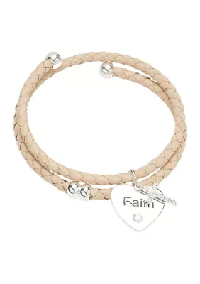 Silver Tone Genuine Leather Faith Charm Bracelet