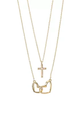 Lab Created Gold Tone MOP Cross and Open Heart Necklace Duo Set