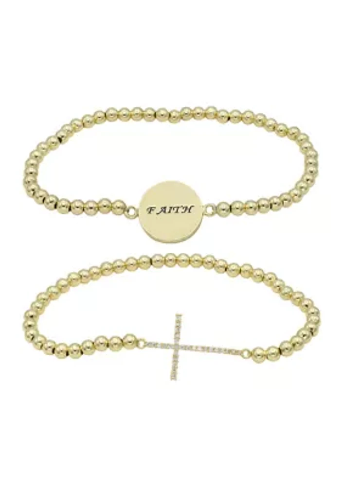 Lab Grown Gold Tone Pave Cubic Zirconia Cross and Faith Bracelet Duo Set