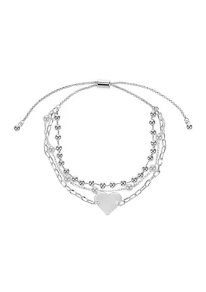 Silver Tone Imitation Pearl and Heart Charm Bracelet Trio Bracelet
