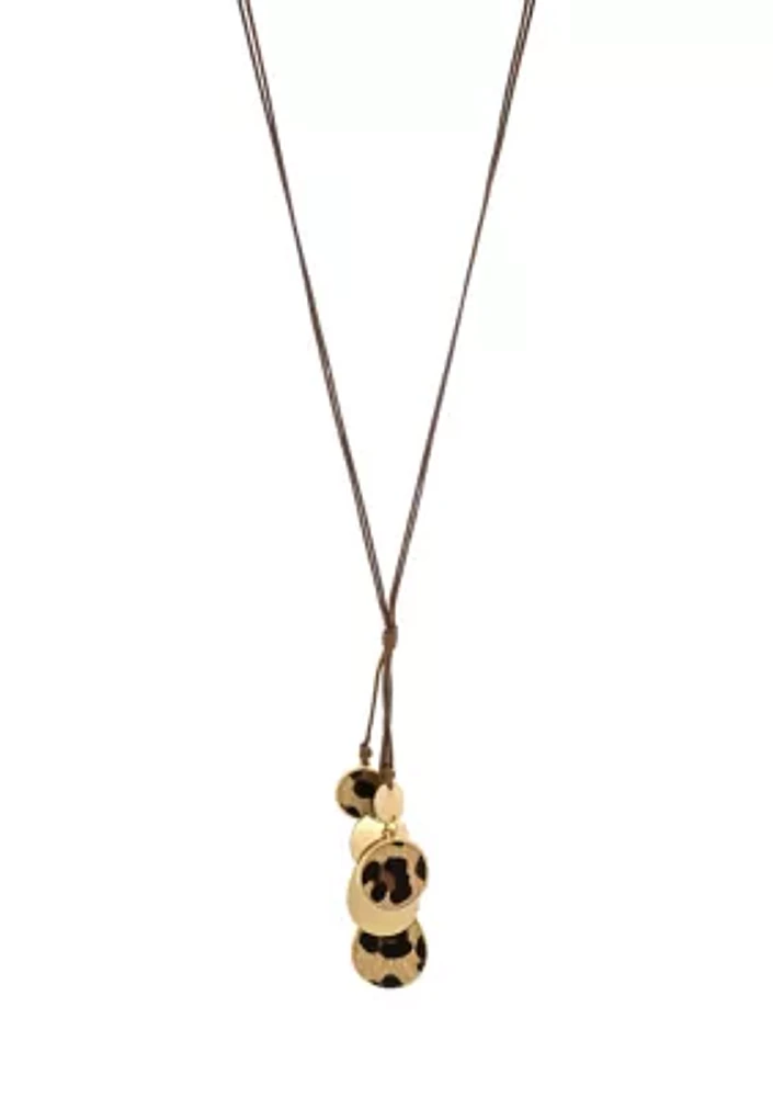Gold Tone Long Brown Cord Necklace with Multi Leopard Print Disc Tassel Drops