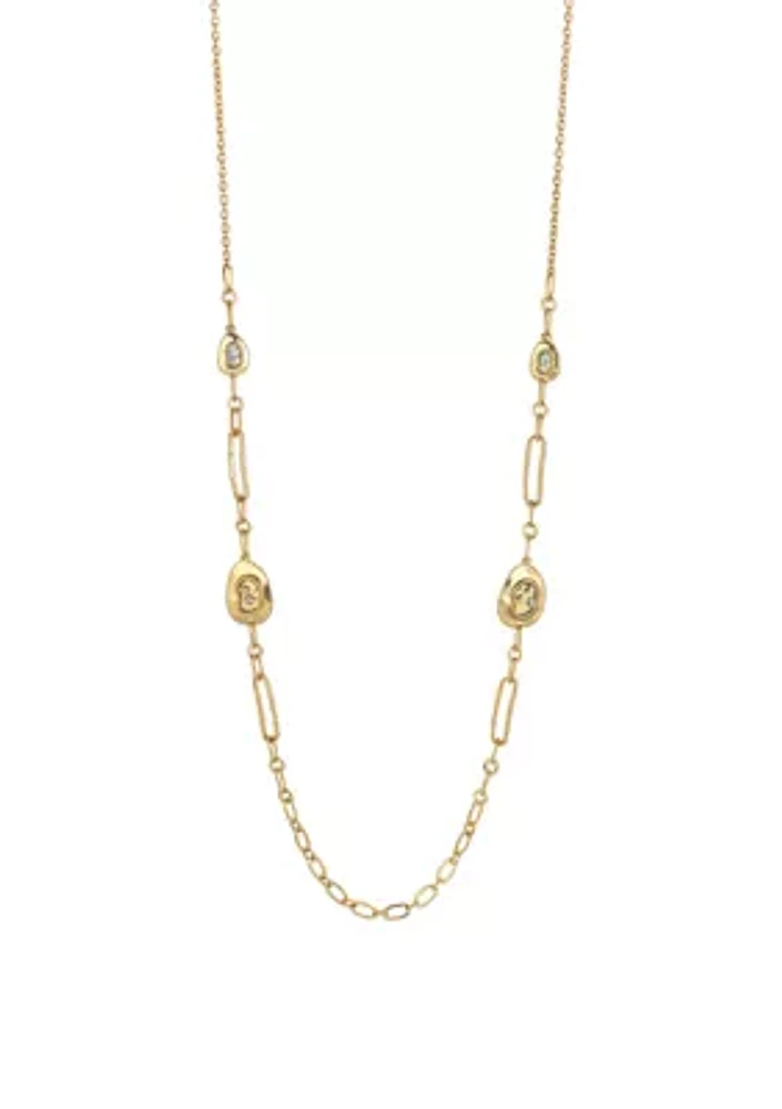 Gold Tone, 36" + 3" Extender Long Chain Link Necklace With Organic Fleck Stations