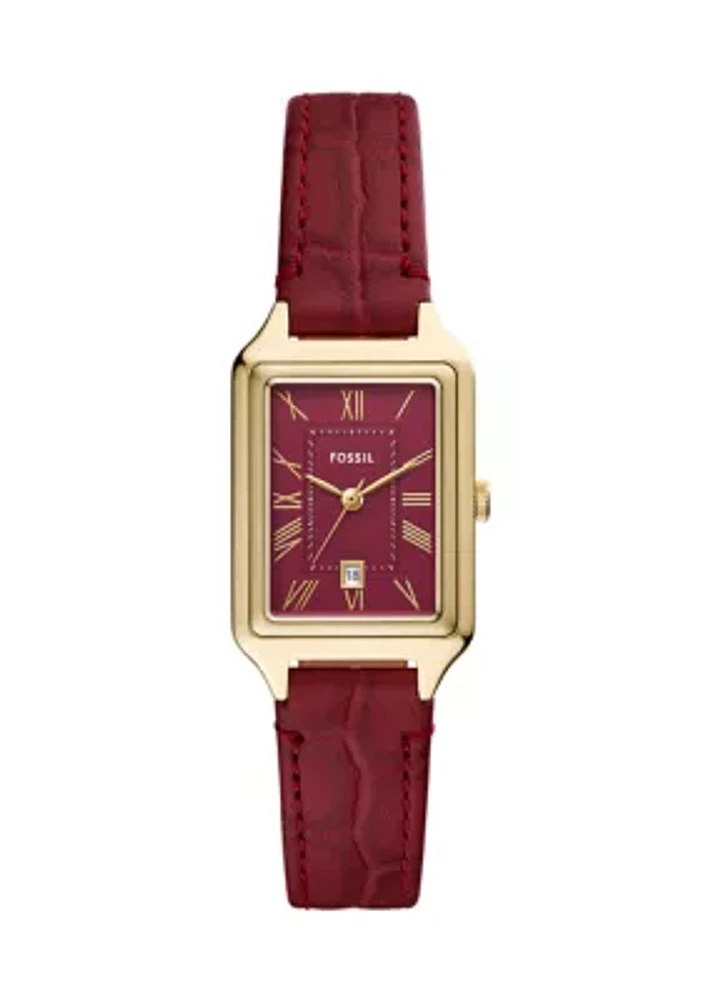Gold Tone Red Leather Band Rectangle Watch