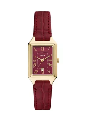 Gold Tone Red Leather Band Rectangle Watch