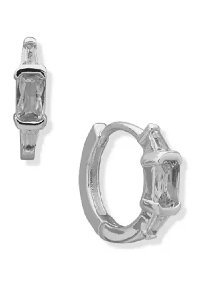 Silver Tone Cubic Zirconia Baguette Stone Huggie Earrings
