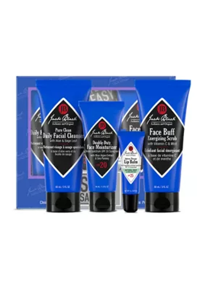 Skin Saviors with Pure Clean Daily Facial Cleanser, Double-Duty Face Moisturizer SPF 20, Intense Therapy Lip Balm SPF 25 Natural Mint & Shea Butter & Face Buff Energizing Scrub