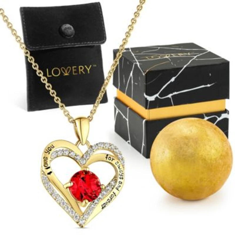 14K Gold Plated Double Heart Ruby & CZ Pendant & Necklace with Pouch, Bath Bomb & Gift Box