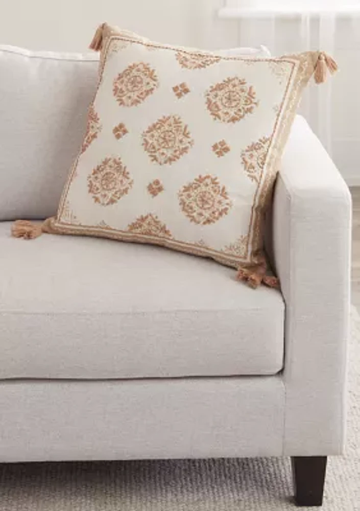 Tan Stitched Tassel Decorative Pillow