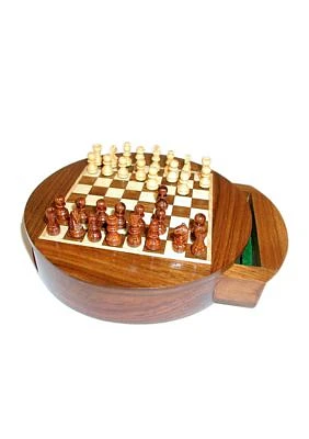 6 Inch Magnetic Round Wood Inlaid Chess Set with Slide Drawer