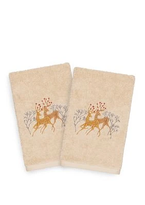 Christmas Deer Pair Embroidered Luxury Turkish Cotton Hand Towel Set of 2