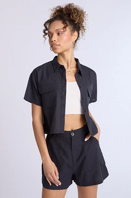Linen-Blend Cropped Short Sleeve Button-Up Shirt