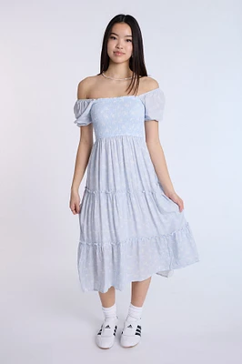 Puff Sleeve Smocked Tiered Maxi Dress
