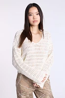 Crochet-Style V-Neck Sweater