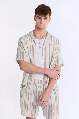 Cotton Textured Striped Short Sleeve Shirt